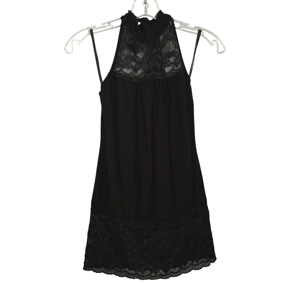 Vintage Y2K Bebe Halter Long Top Black Lace Trim Back Tie Going Out Top - Medium